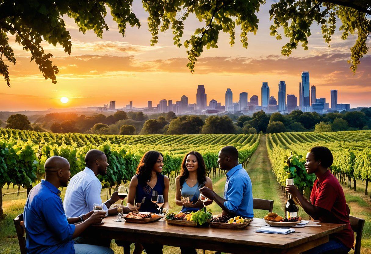 A scenic vineyard in Atlanta, showcasing rolling hills with lush grapevines under a golden sunset. In the foreground, diverse people of various ethnicities work happily, picking grapes and discussing job opportunities. A rustic wooden table nearby is laden with wine bottles and gourmet food, symbolizing the journey from vineyard to table. The skyline of downtown Atlanta can be seen in the distance, blending nature with urban life. vibrant colors. super-realistic.