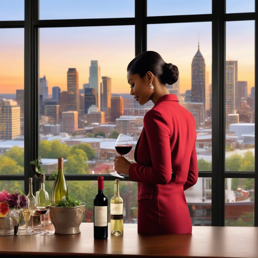 A stylish young professional uncorking a wine bottle in a chic Atlanta wine bar, surrounded by vibrant wine-themed decor and diverse patrons enjoying their drinks. The background showcases the skyline of Atlanta through a large window, emphasizing the growing wine employment market. Bright colors and a lively atmosphere convey a sense of success and opportunity. super-realistic. vibrant colors. 3D.