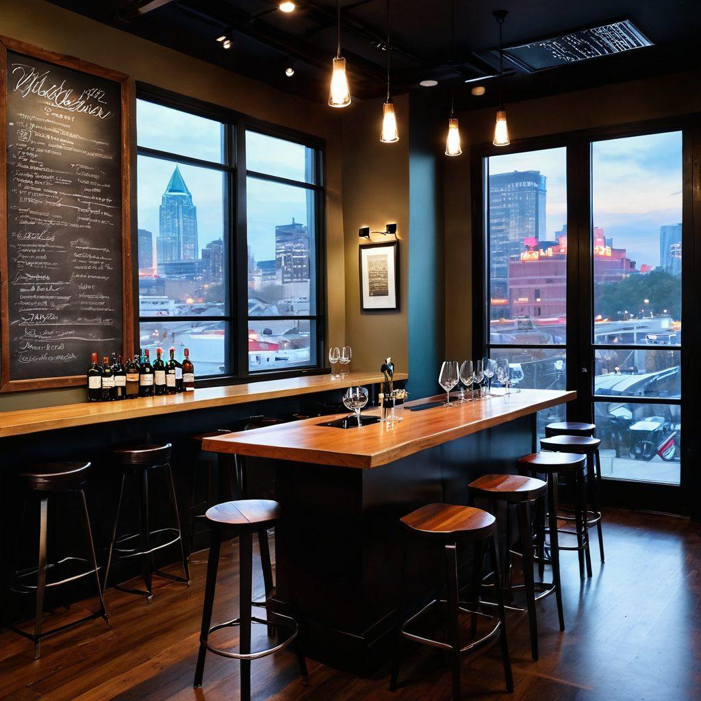 A sophisticated wine bar in Atlanta filled with diverse professionals engaged in various wine-related jobs, showcasing an array of wine bottles, glasses, and a chalkboard menu featuring local wine job openings. The ambiance is warm and inviting with soft lighting and vibrant city views through large windows. Capture the excitement and passion for wine careers in a bustling urban setting. bright colors. realistic style. urban aesthetic.
